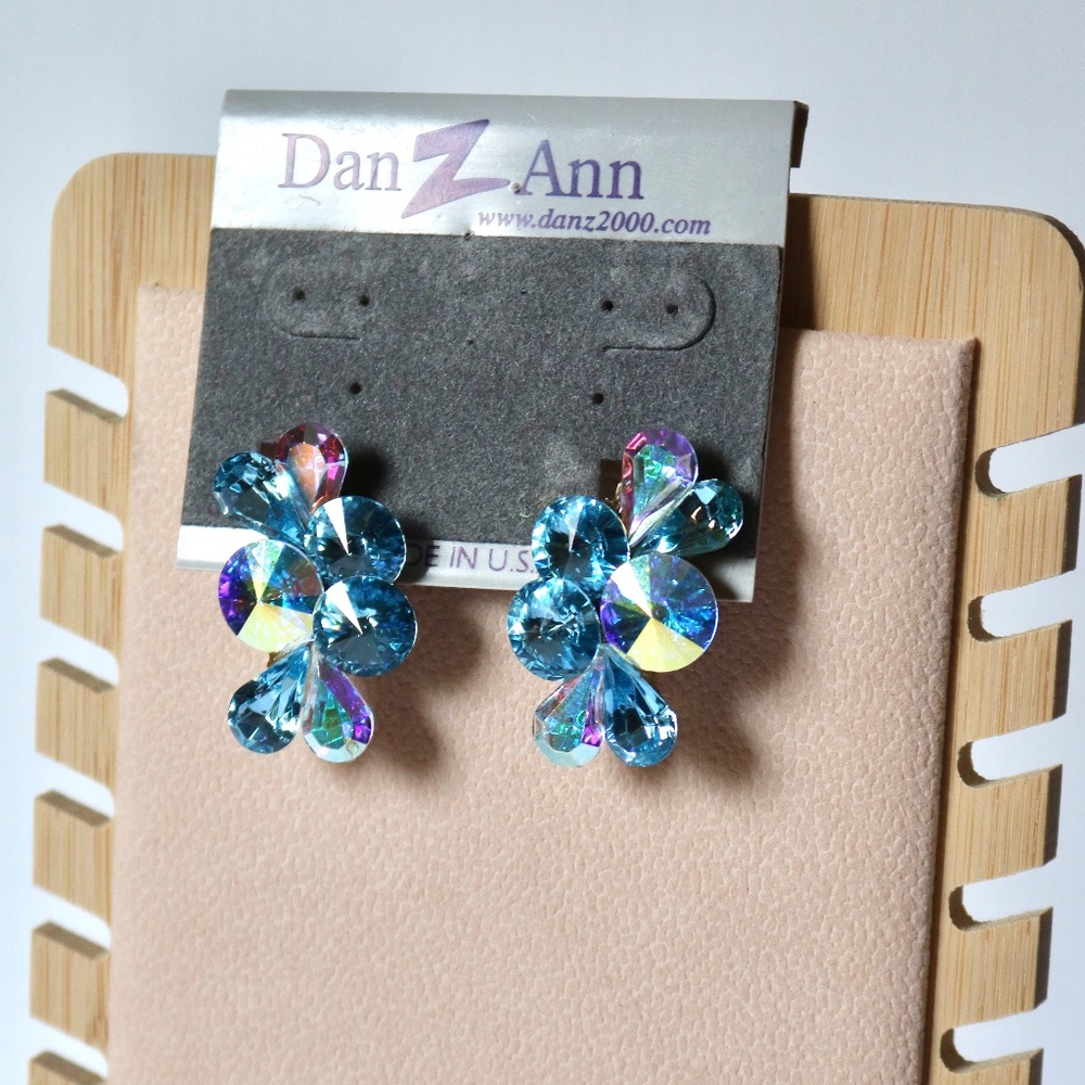 DanZ Ann Ballroom Rhinestone Clip On Earrings Blue Aurora Borealis